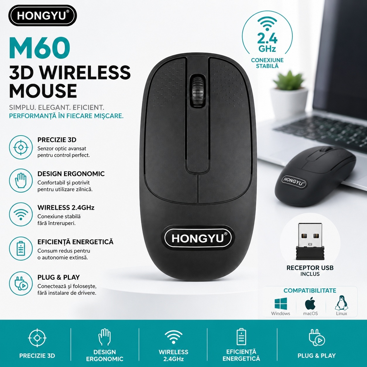 Mouse Wireless M60 Negru 2.4GHz – Mouse Optic Wireless Ergonomic cu Receptor USB pentru PC și Laptop 2