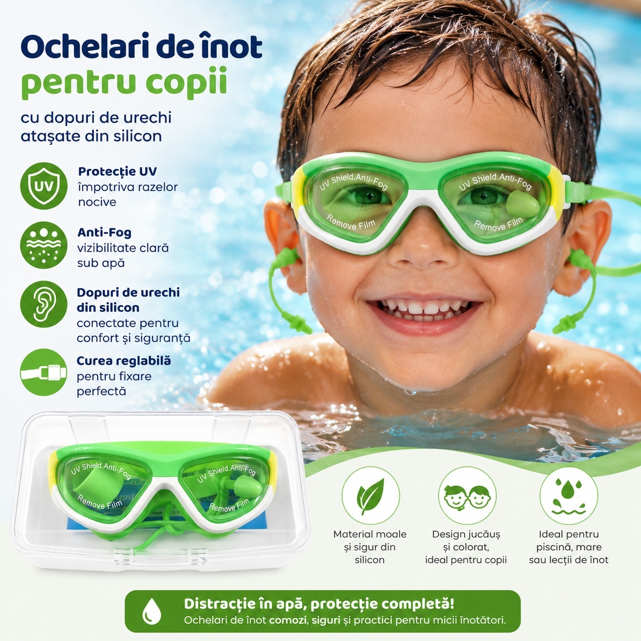 Ochelari de Inot pentru Copii Reglabili cu Dopuri de Urechi Silicon Anti-Fog UV verzi 2