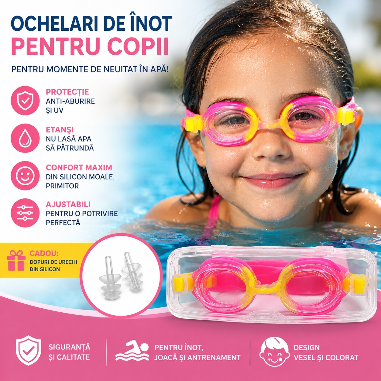 Ochelari de inot pentru copii roz galben reglabili cu dopuri de urechi din silicon 2