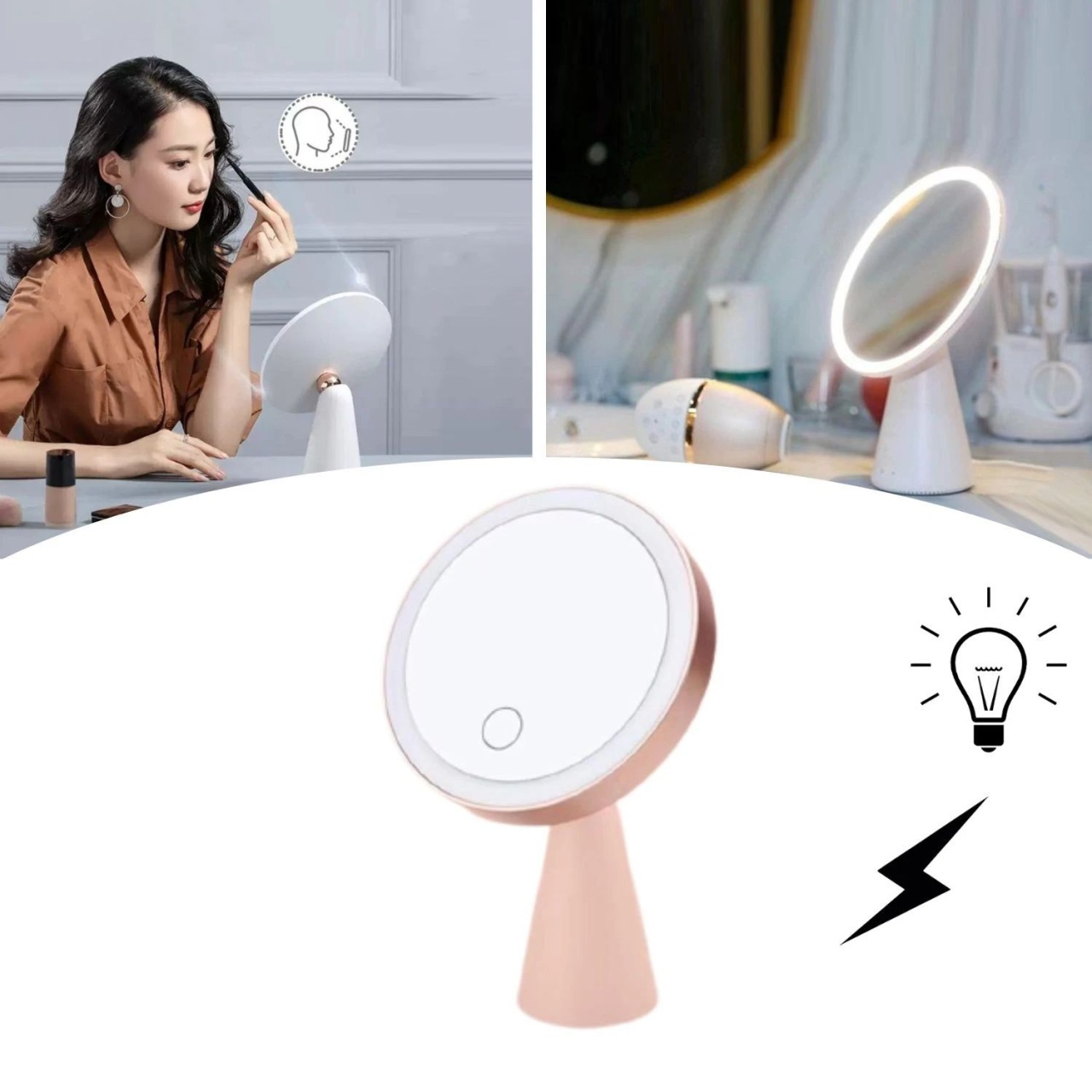 Oglinda cosmetica LED pentru machiaj, touch control, lumina reglabila 3 moduri, rotatie 90°, USB 2