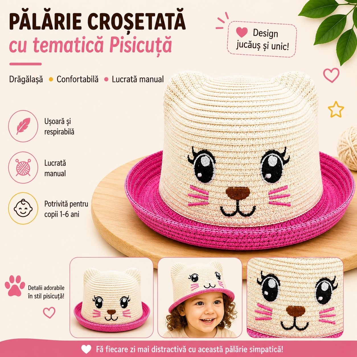 Palarie copii cu pisicuta fucsia, crosetata manual, crem-roz, 1-6 ani 2