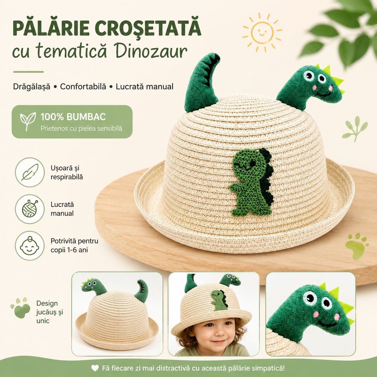 Palarie Crosetata Copii cu Tematica Dinozaur, Bumbac, Design Handmade, Crem-Verde 2
