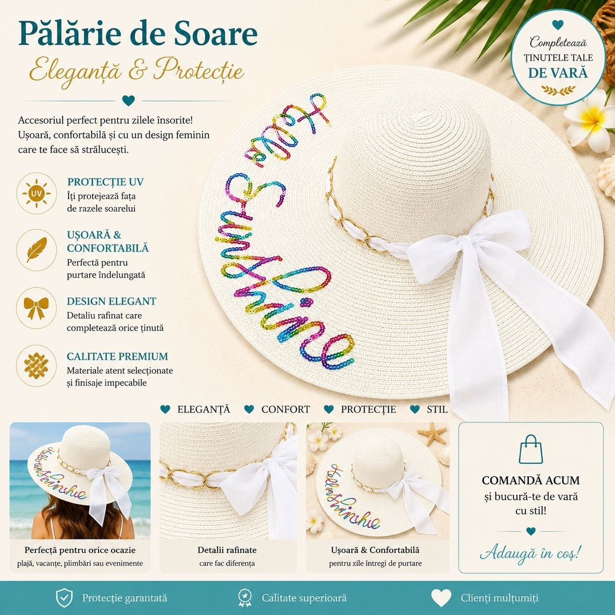 Palarie de Soare pentru Femei, Alba cu Fundita si Inscriptie “Hello Sunshine”, Eleganta pentru Vara 2