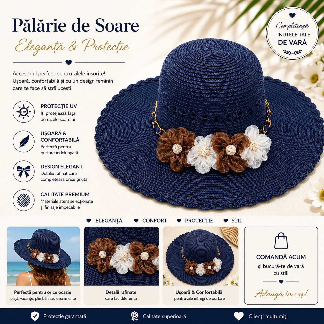 Palarie de Soare pentru Femei Bleumarin cu Floricele – Model Elegant de Vara 2