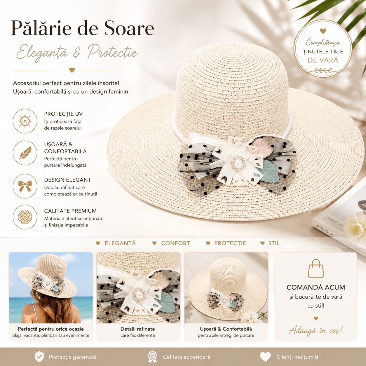 Palarie de Soare pentru Femei, Crem, cu Fundita Eleganta, Boruri Largi, Stil Feminin de Vara 2