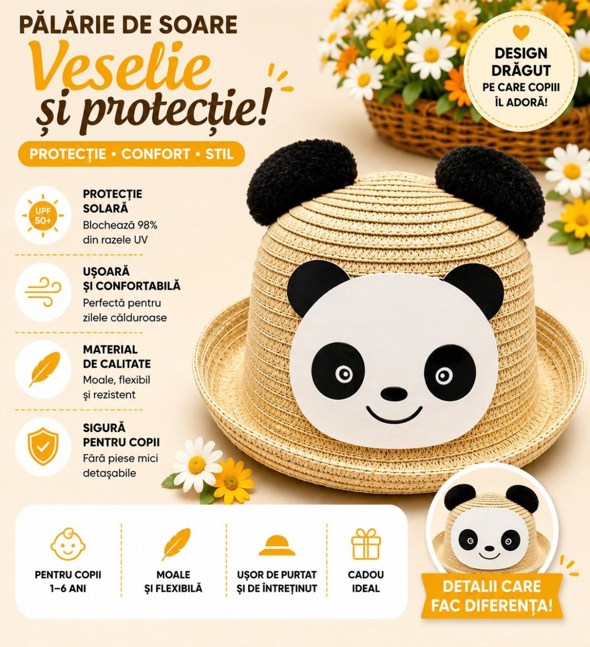 Palarie de Vara Bej cu Panda pentru Copii, Protectie UV si Design Adorabil 2