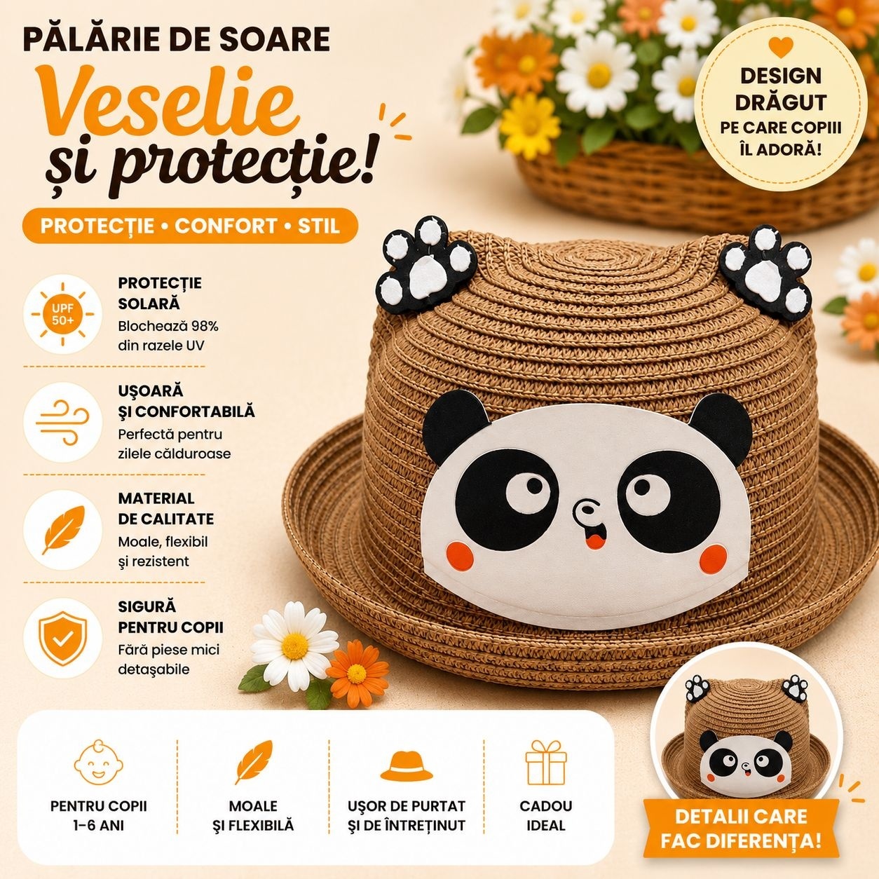 Palarie de Vara Maro Caramel cu Panda pentru Copii, Protectie UV si Design Vesel 2