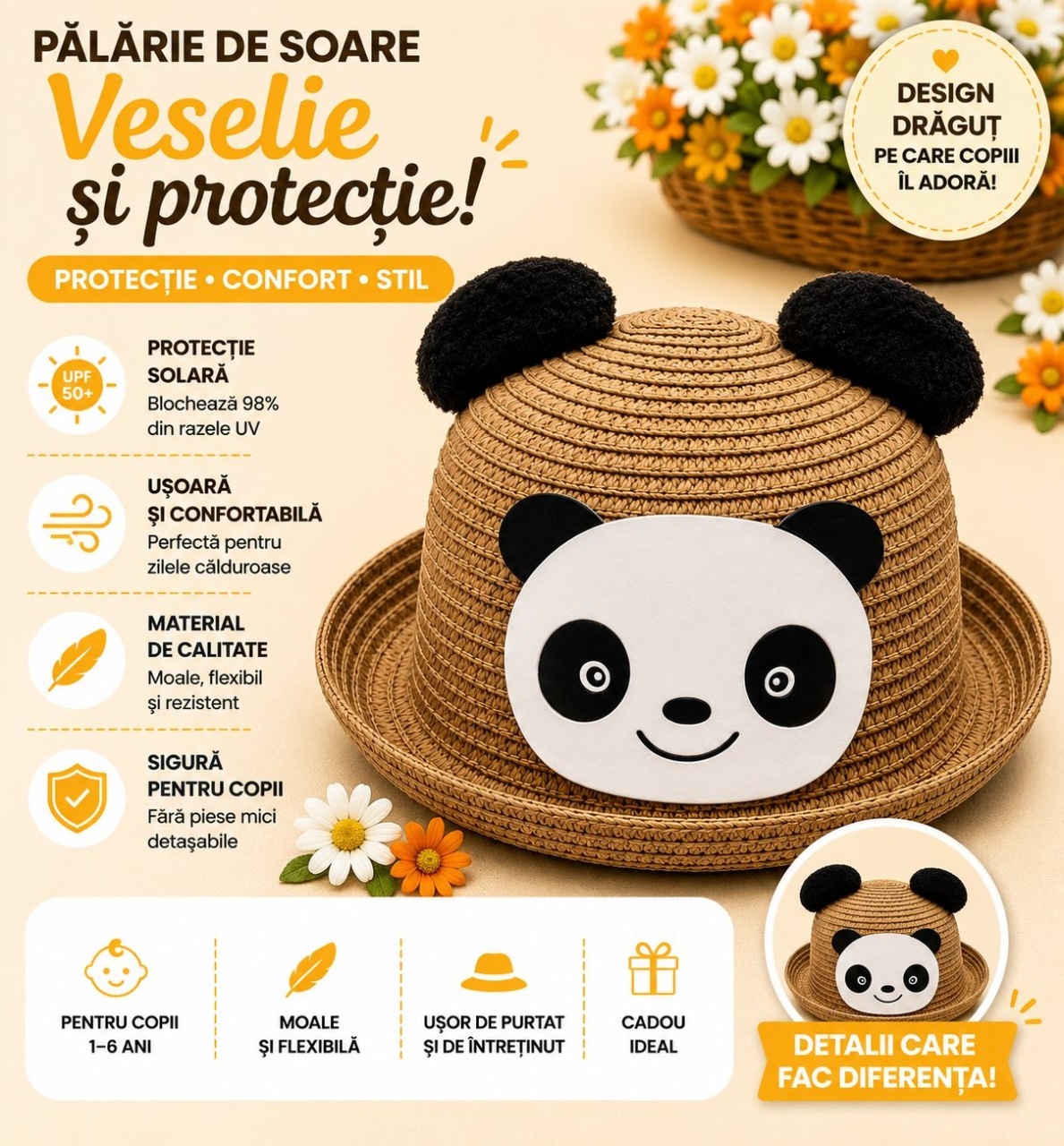 Palarie de Vara Maro Deschis cu Panda pentru Copii, Protectie UV si Design Vesel 2