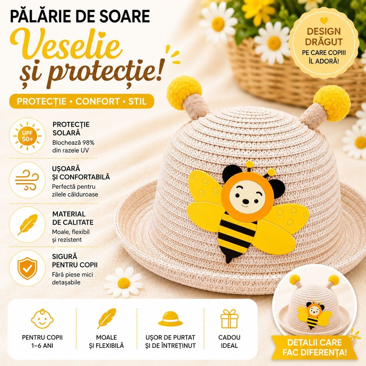 Palarie de Vara pentru Copii cu Albina, Usoara si Confortabila, Design Adorabil 2