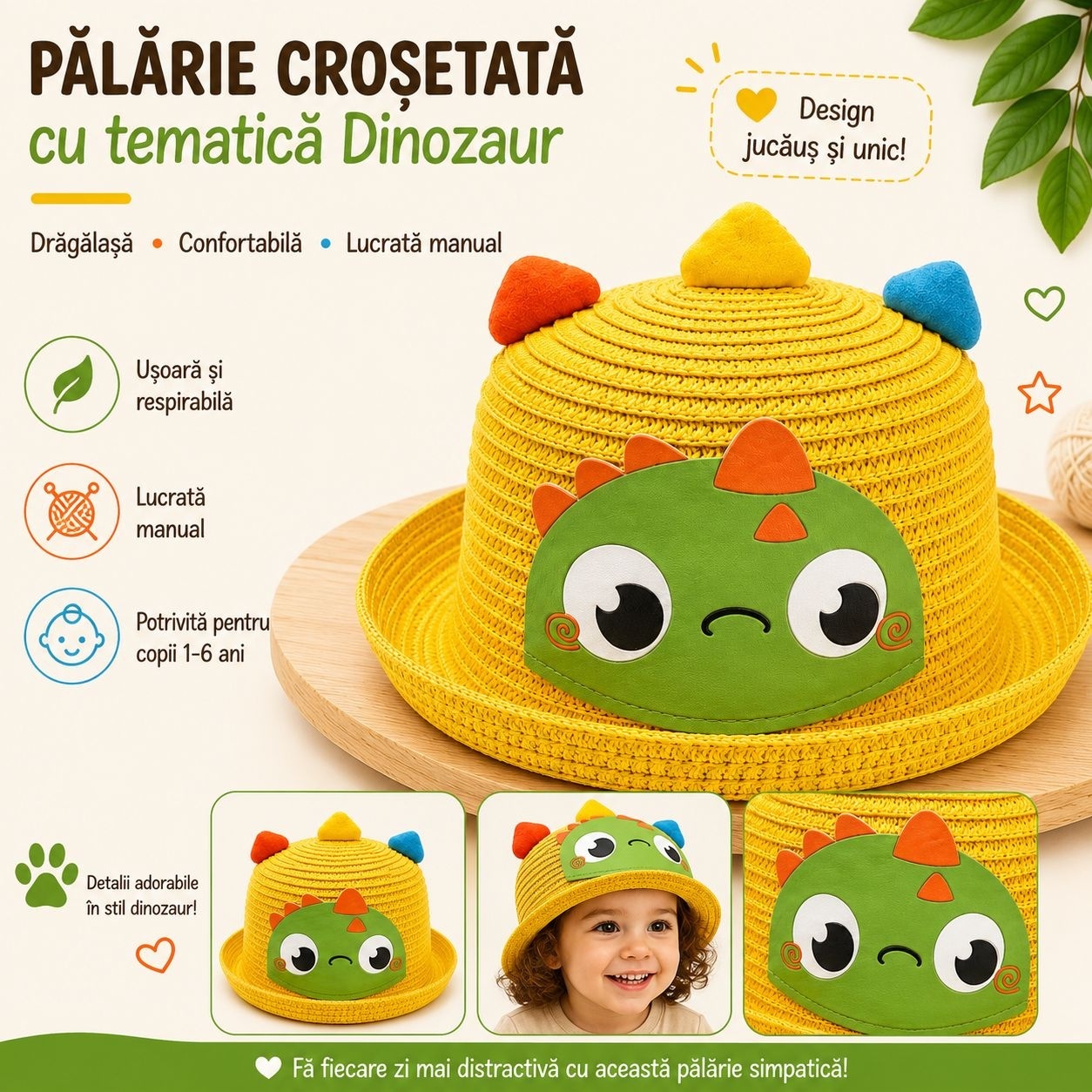 Palarie galbena copii cu dinozaur verde, crosetata manual, bumbac 2