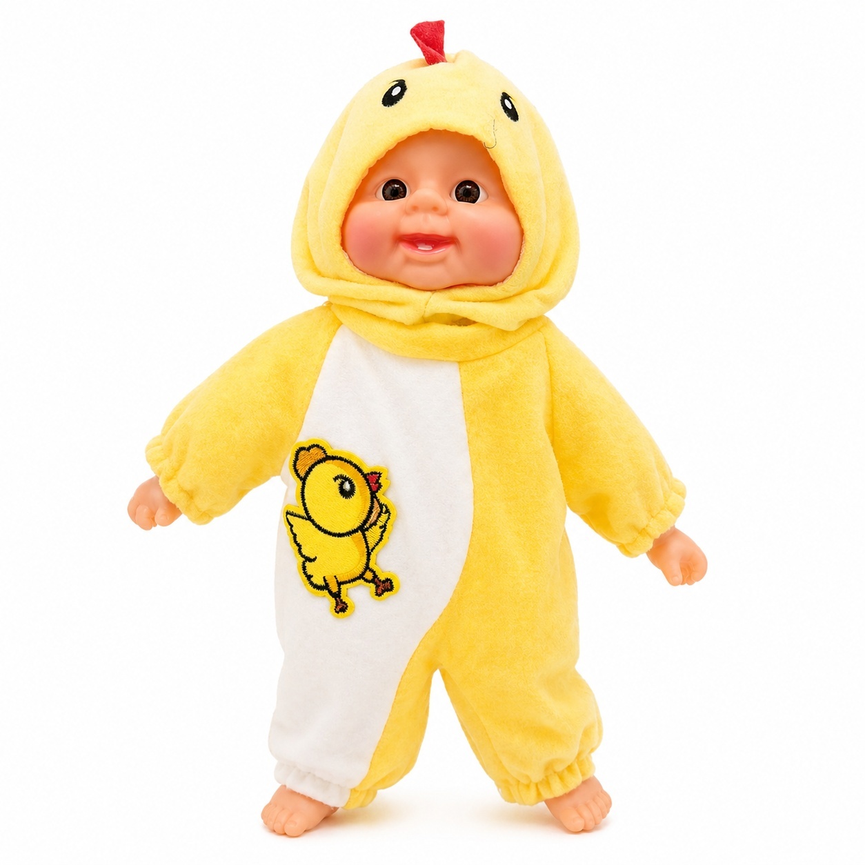 Papusa bebelus 35cm care rade, costum galben pui, jucarie copii
