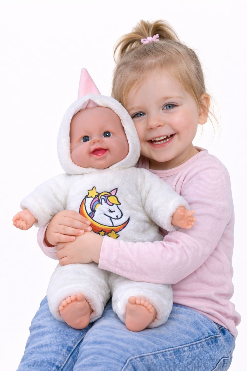 Papusa bebelus 50 cm, costum alb pufos cu unicorn, recita Ingerasul, jucarie interactiva 3
