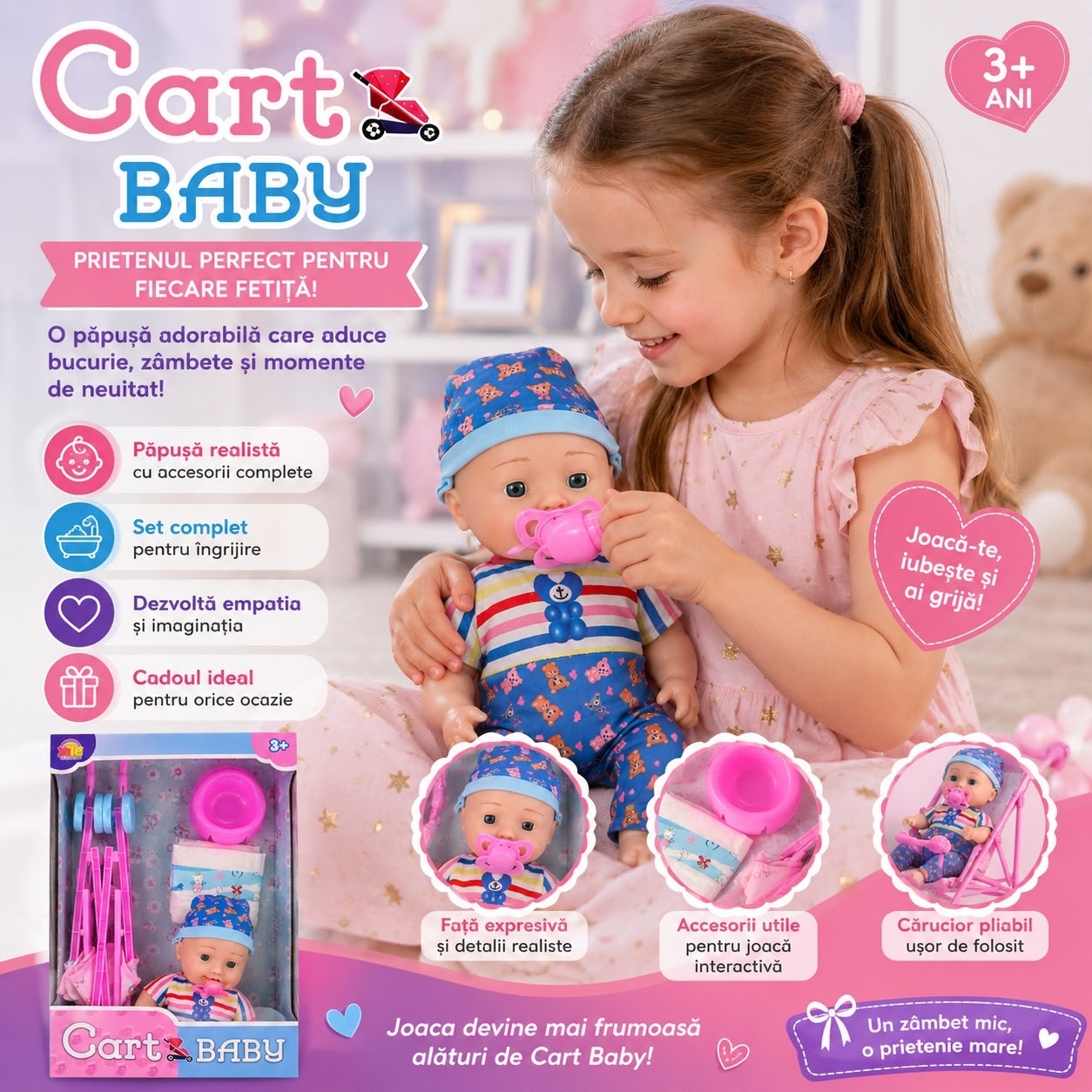 Păpușă Bebeluș cu Cărucior și Accesorii – Set de Îngrijire pentru Copii 3+ 2