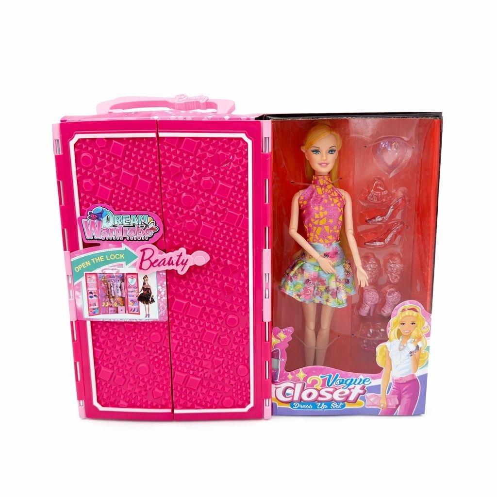 Papusa cu dressing fashion si accesorii, set complet haine si bijuterii roz 2