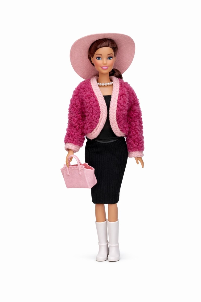 Papusa fashion cu accesorii, tinuta eleganta, palarie si geanta, roz, 32.5 cm 2