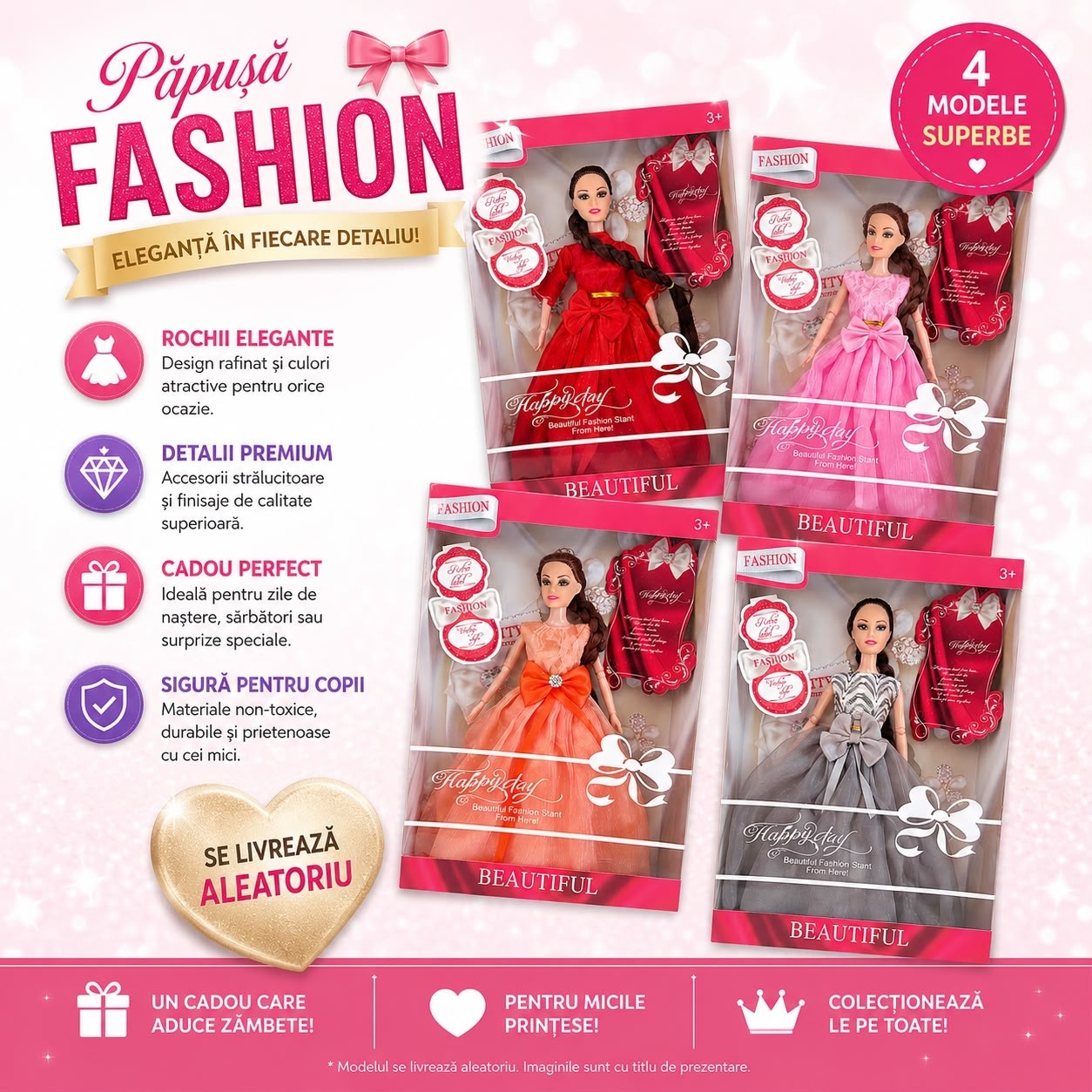Păpușă Fashion pentru Fetițe 3+ Ani, Rochie Elegantă, Model Aleatoriu, Păpușă Prințesă 2