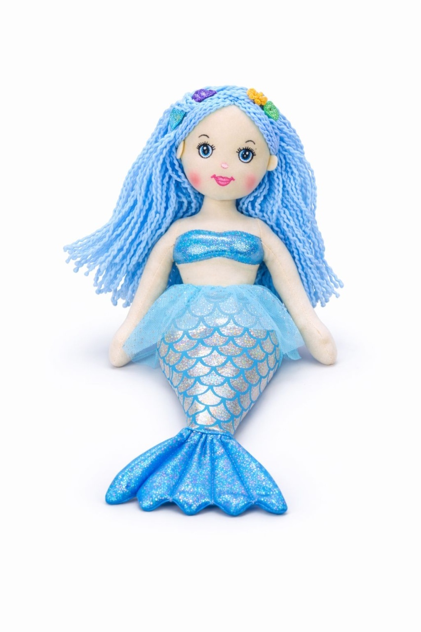 Papusa sirena textila muzicala 42 cm, canta „Bau Bau”, albastru, jucarie copii +3 ani 2