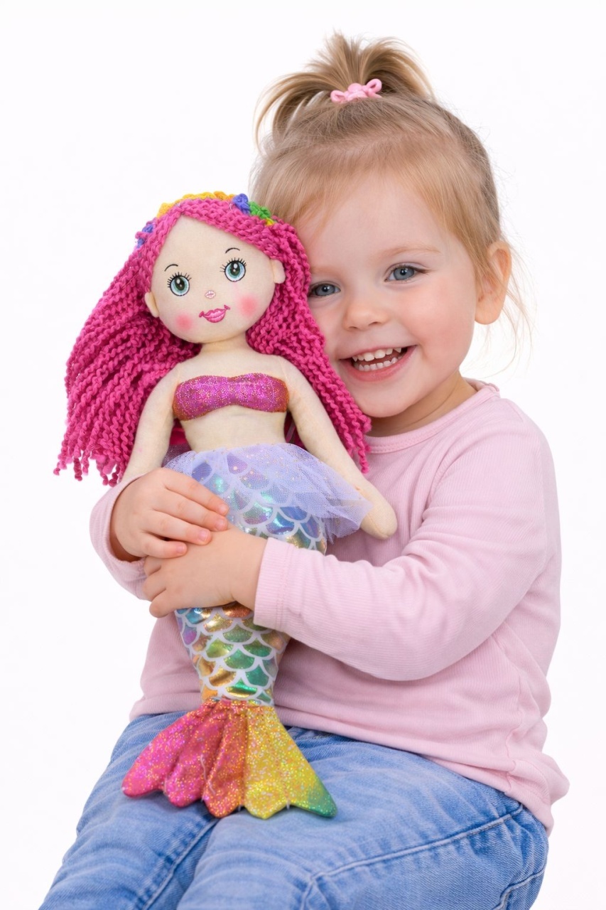 Papusa sirena textila muzicala 42 cm, canta „Bau Bau”, coada curcubeu, par roz, +3 ani 3