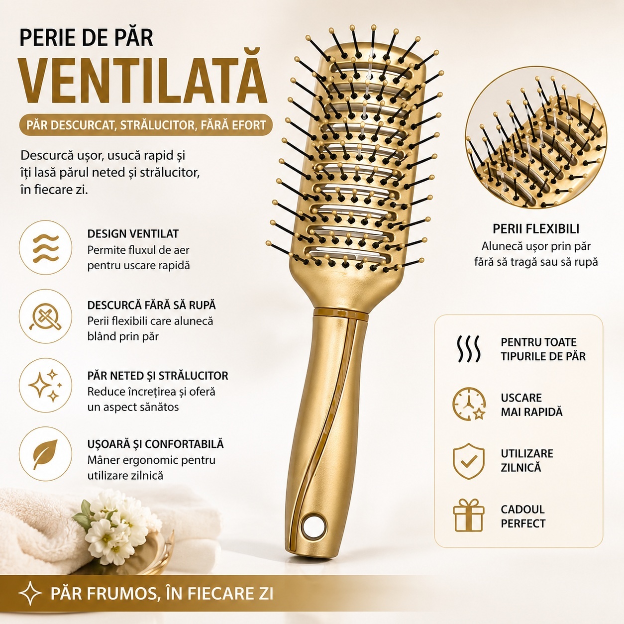 Perie de Păr Ventilată , aurie – Descurcare Ușoară și Uscare Rapidă 2