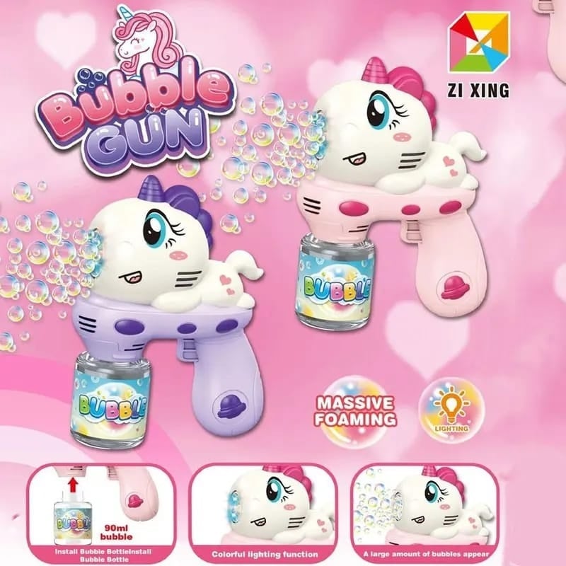 Pistol cu baloane- unicorn cu lumini si lichid inclus, roz/mov