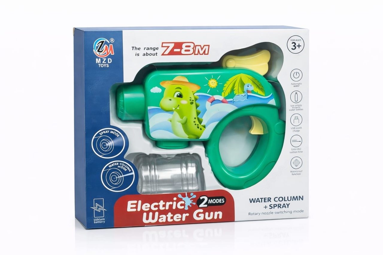 Pistol electric de apa pentru copii cu 2 moduri jet, model dinozaur verde
