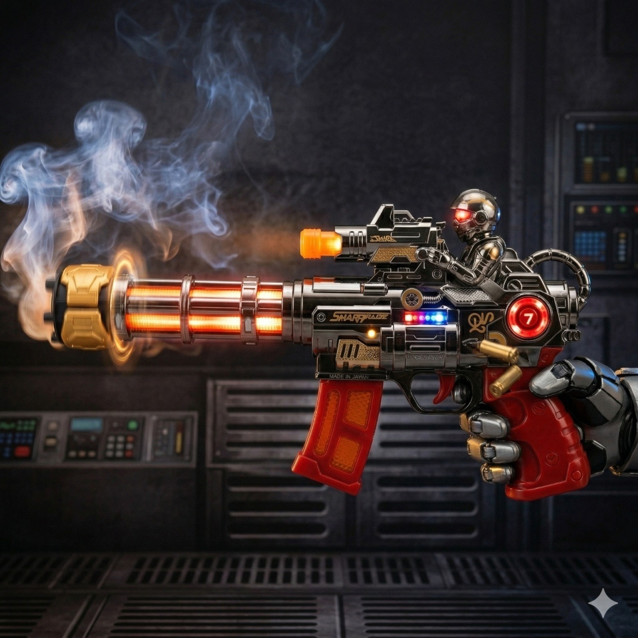 Pistol jucarie electric, 30 cm cu lumini, sunet si efect abur, model futuristic rosu 3