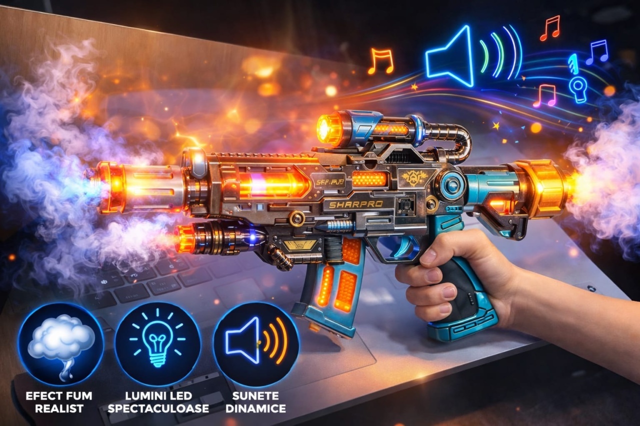 Pistol jucarie electric cu efect fum, lumini LED si sunete, model futuristic premium albastru-negru 2