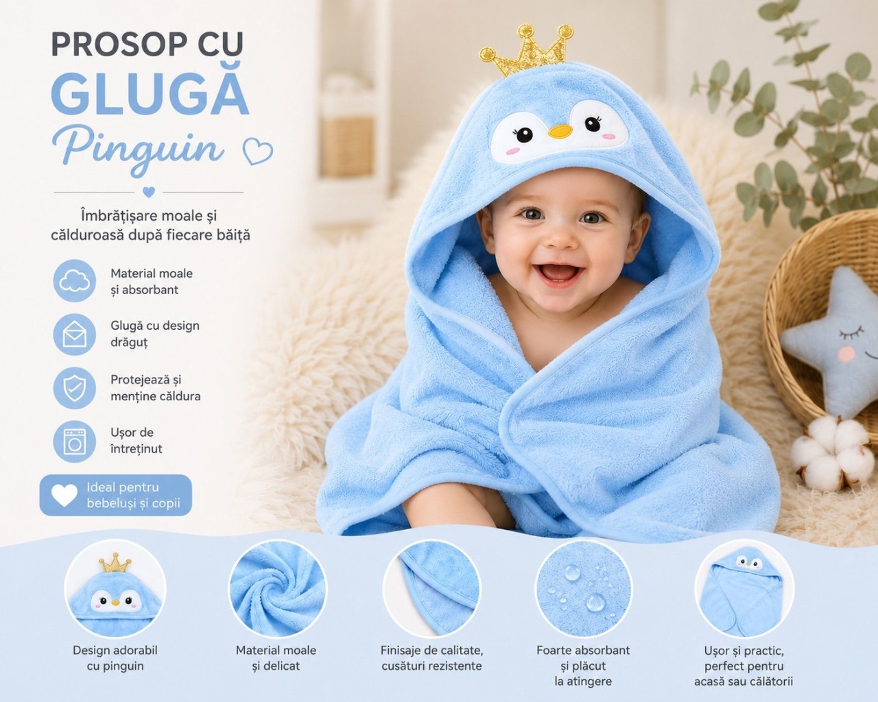 Prosop cu Glugă pentru Copii și Bebeluși Albastru – Model Pinguin, Moale și Absorbant 2