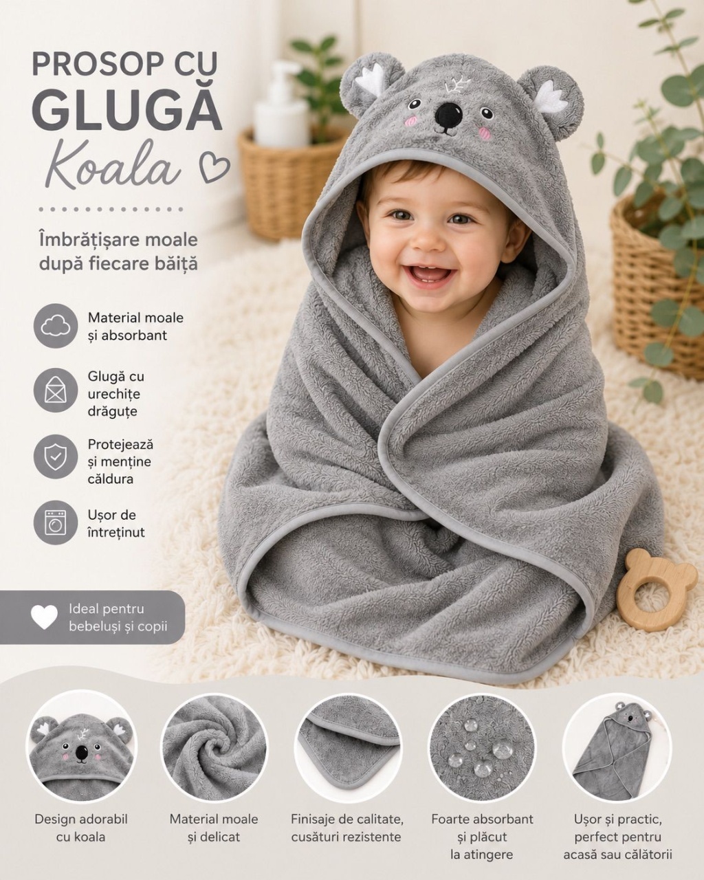 Prosop cu Glugă pentru Copii și Bebeluși Gri – Model Koala, Moale și Absorbant 2