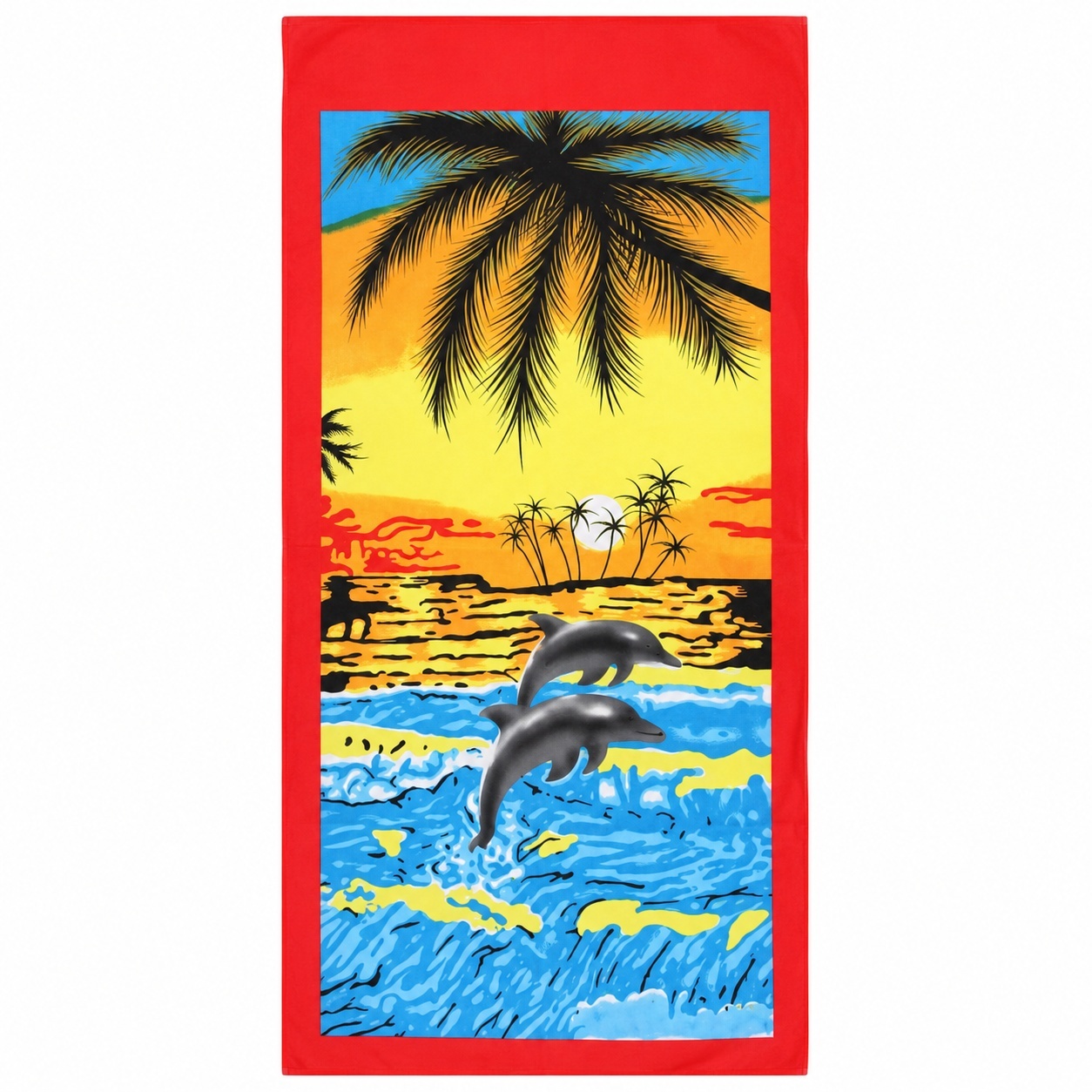 Prosop de plaja tropical cu delfini si palmieri Sunset Beach, 70x140 cm 2