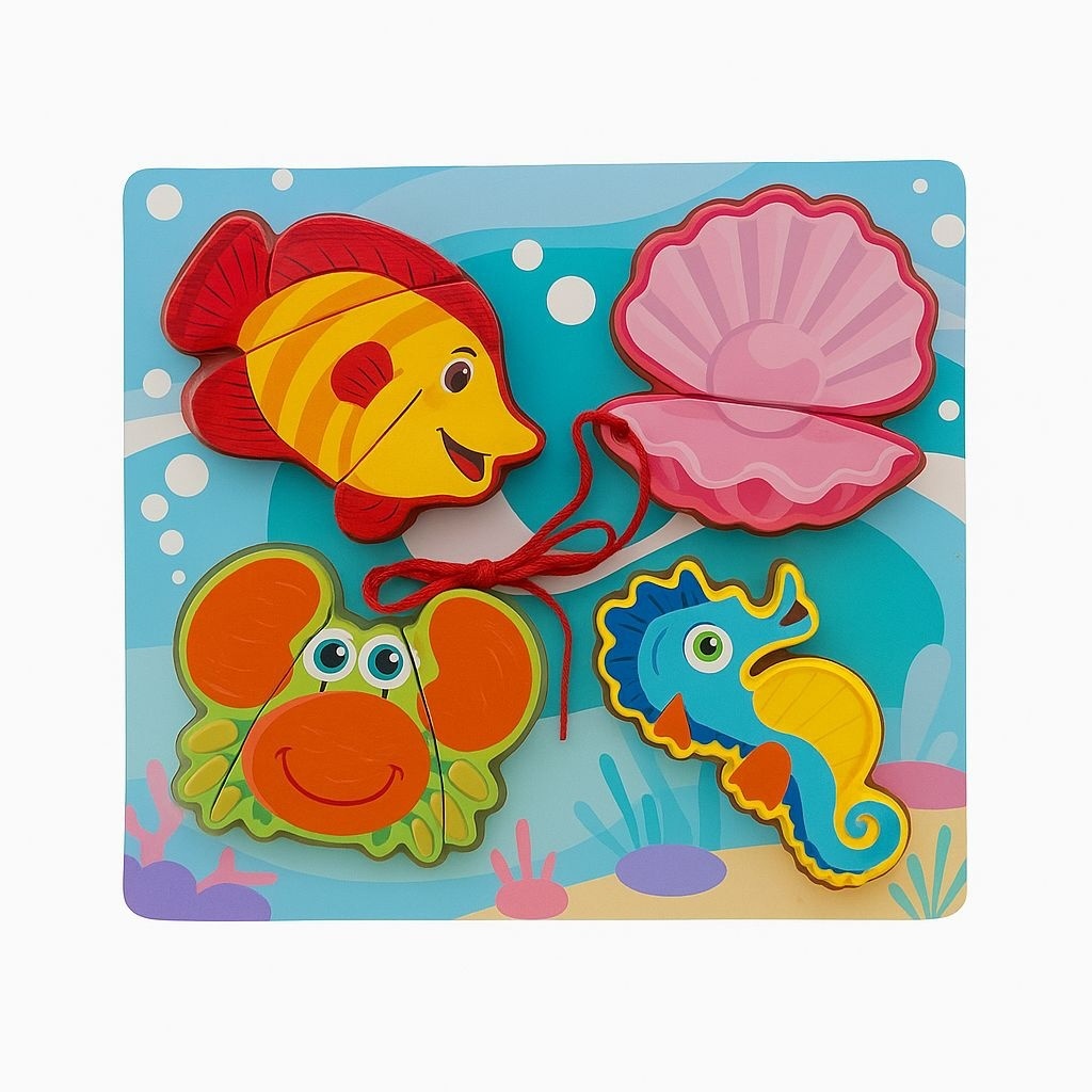 Puzzle din Lemn Educativ pentru Copii , Modele Diverse Fructe si Animale Marine, 19.5x18cm