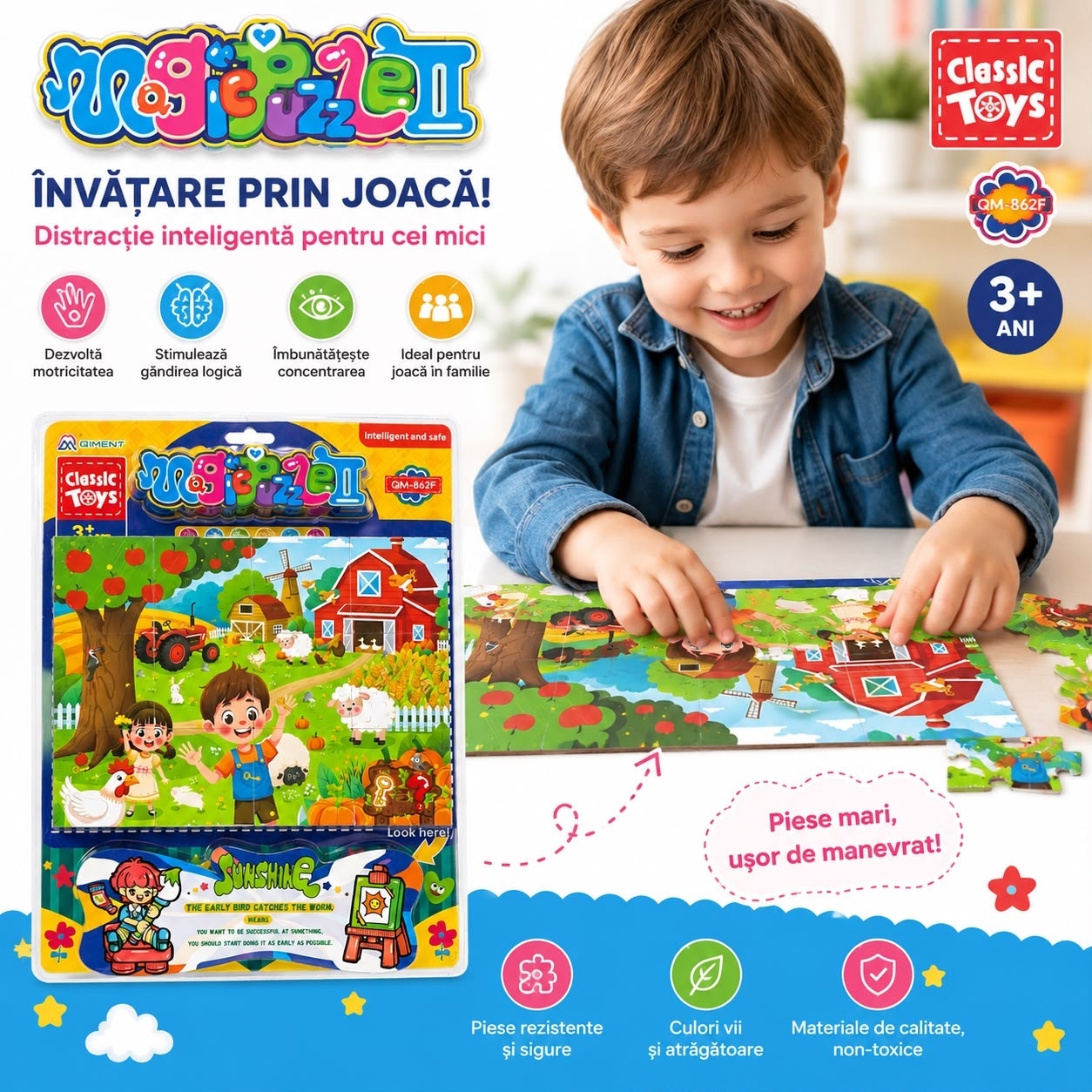 Puzzle Educativ pentru Copii 40x30 cm, Joc de Dezvoltare Logică și Motricitate, 3+ Ani 2