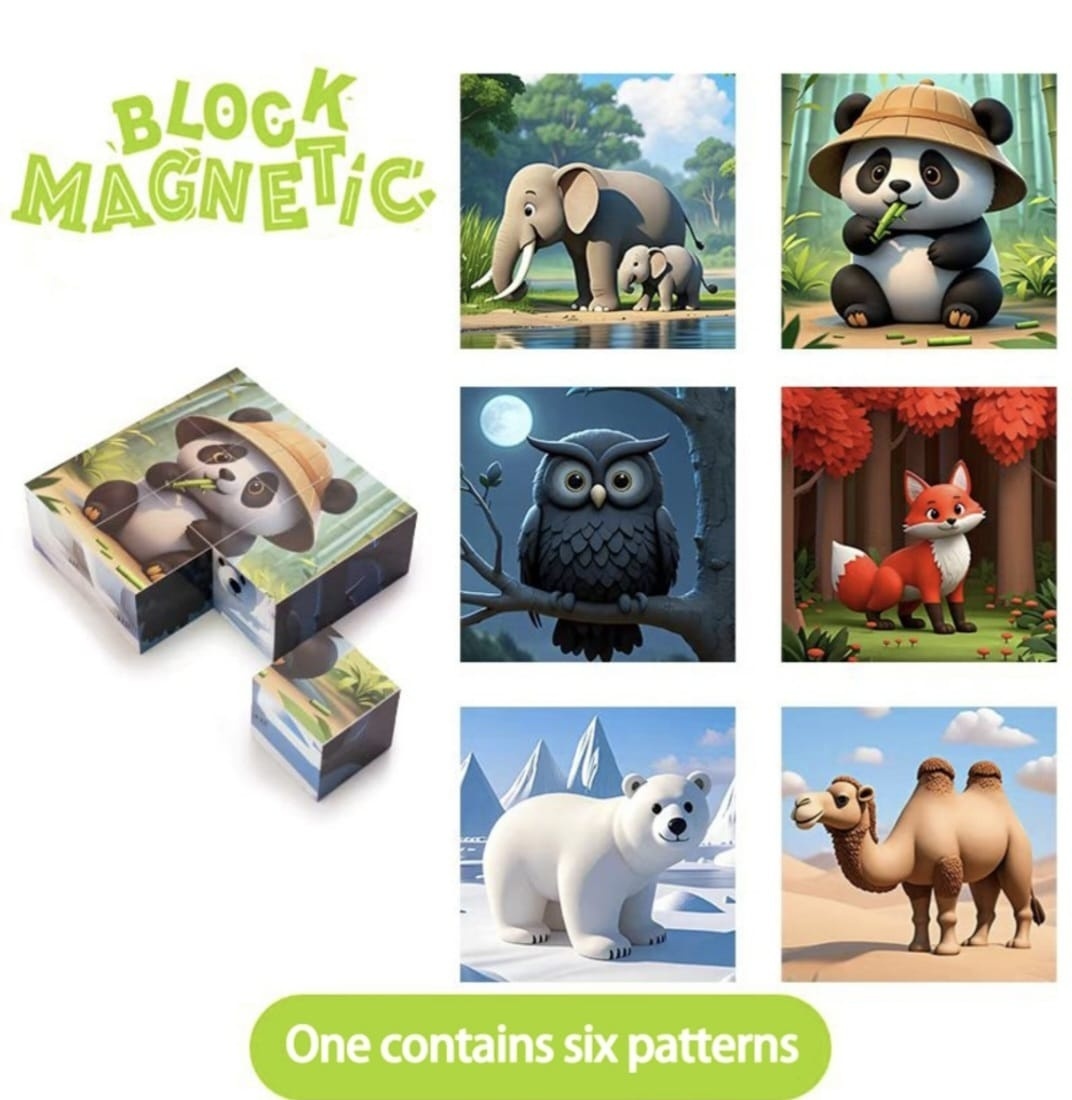 Puzzle magnetic cuburi animale, 6 modele, joc educativ portabil copii 2