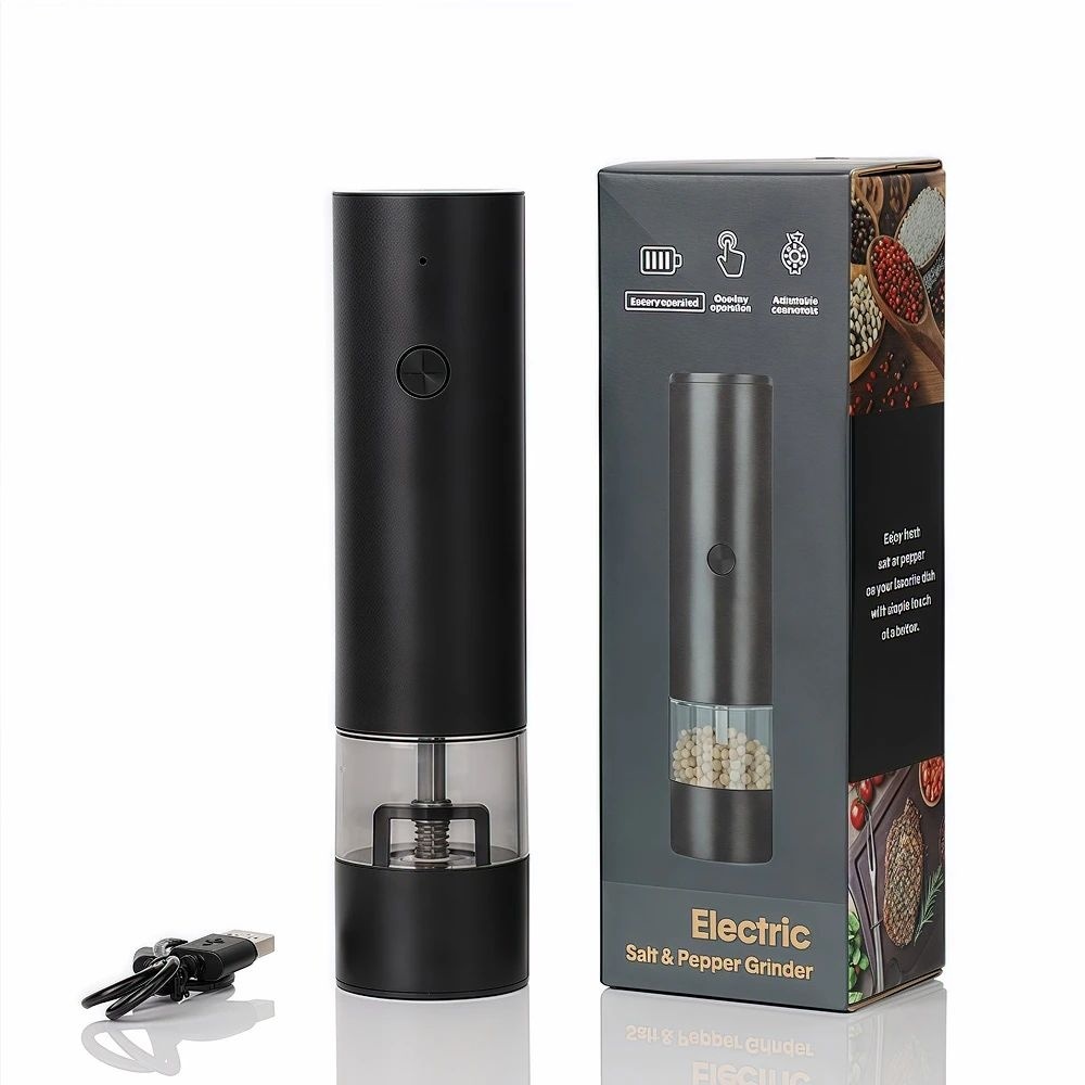 Râșniță electrică pentru sare și piper Jiji, din plastic, ajustare grosime, neagră