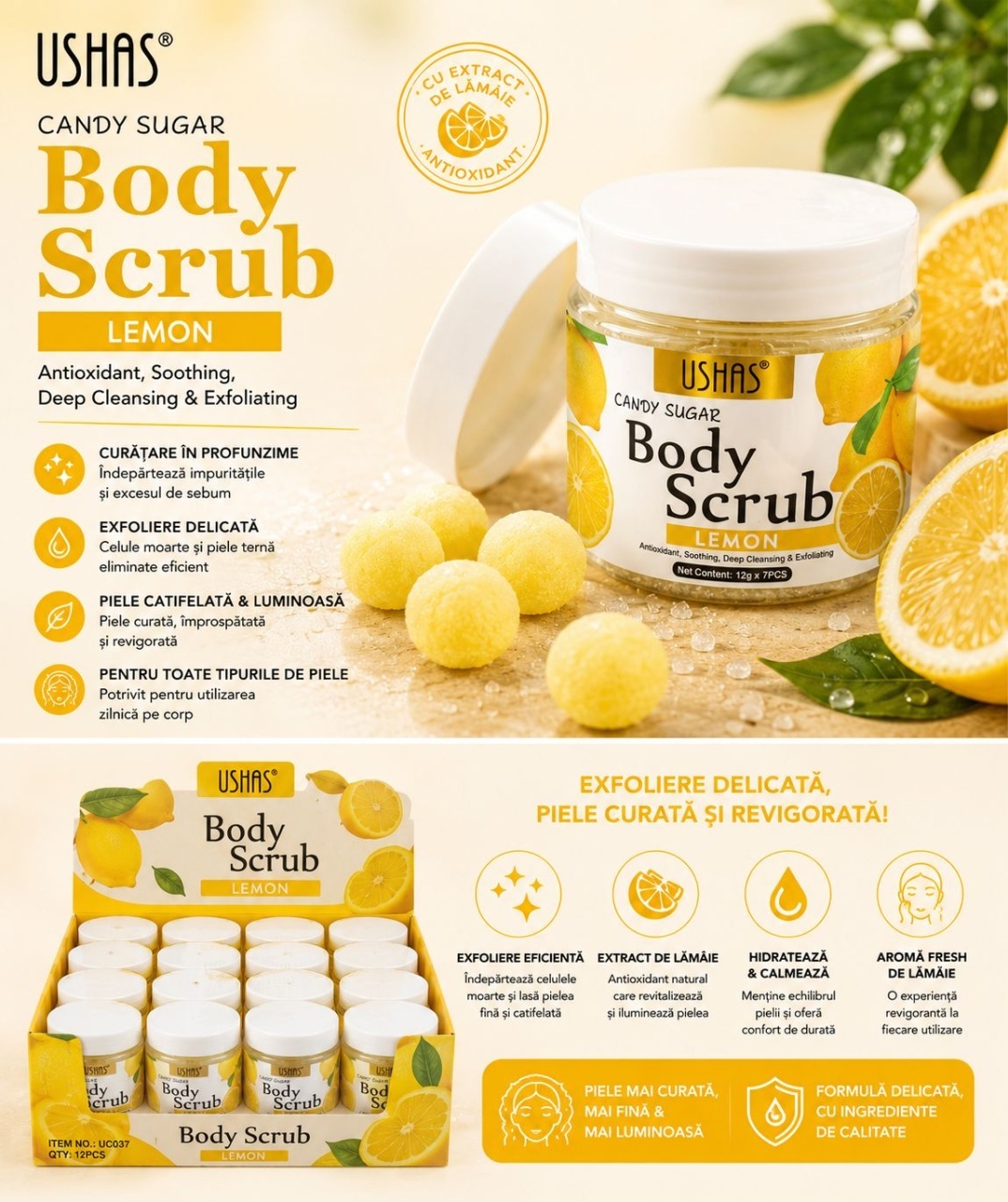 Scrub de Corp cu Lămâie Ushas Candy Sugar Body Scrub – Exfoliant cu Extract de Lămâie 2