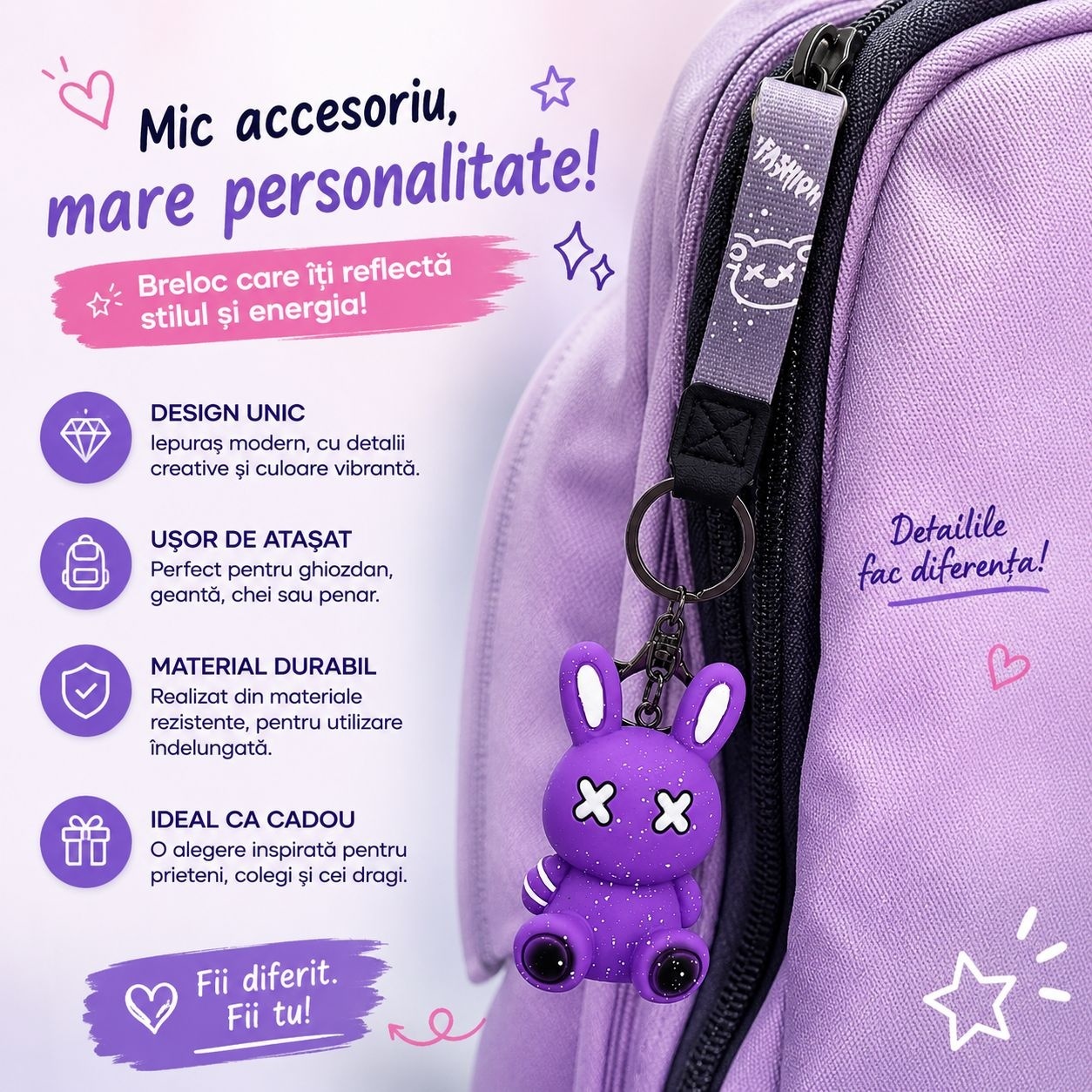 Set 12 Brelocuri Iepuraș 5,5 cm – Mix Culori, Accesorii pentru Chei, Ghiozdan și Geantă 3
