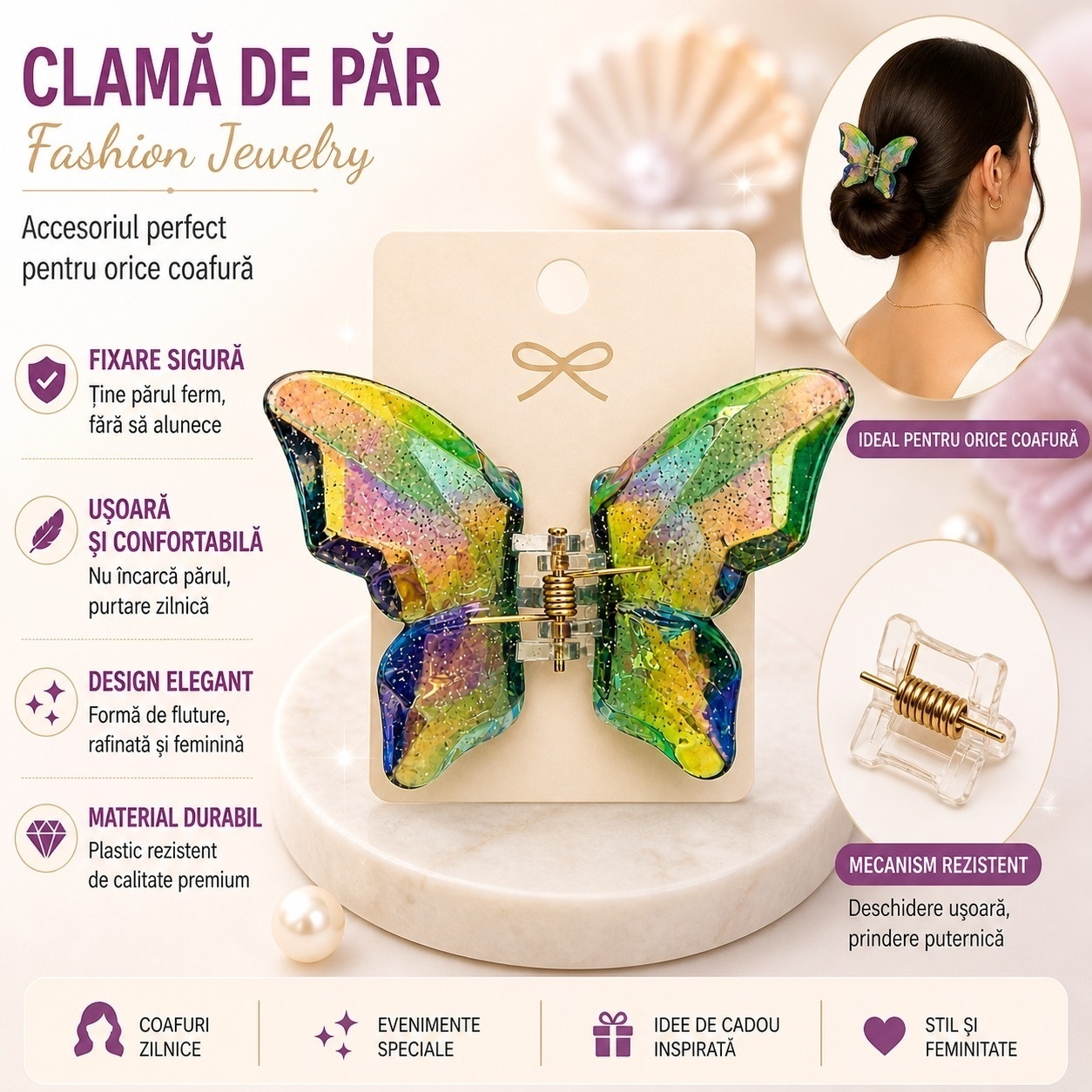 Set 12 Clești de Păr Fluture 6x8 cm – Clame Colorate cu Efect Irizat 3