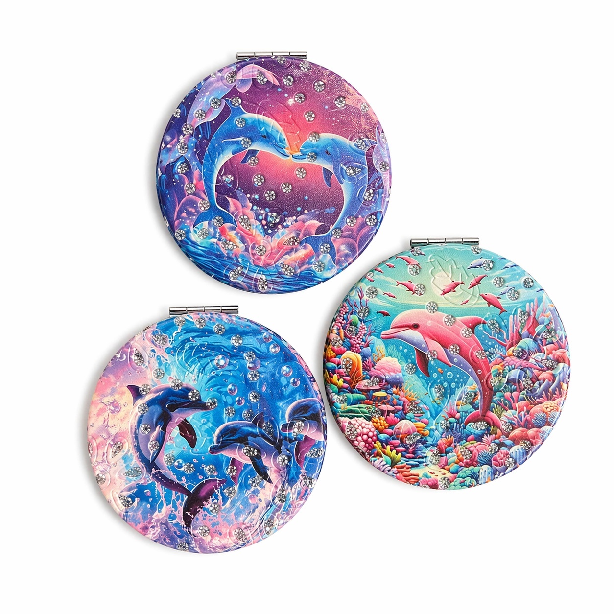 Set 12 oglinzi cosmetice 7 cm model delfini, oglindă dublă , compacte și elegante 2