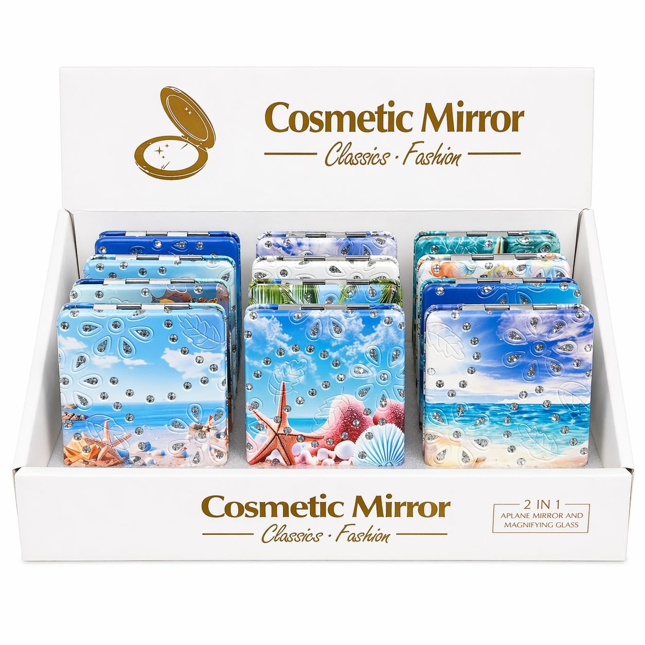 Set 12 oglinzi cosmetice buzunar 2 in 1 cu peisaj marin, compacte