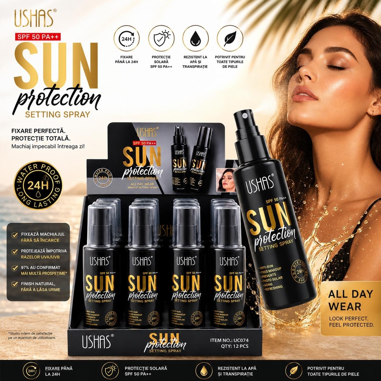 Set 12 Spray de Fixare a Machiajului USHAS SPF 50 PA++ , Setting Spray cu Protecție Solară 2