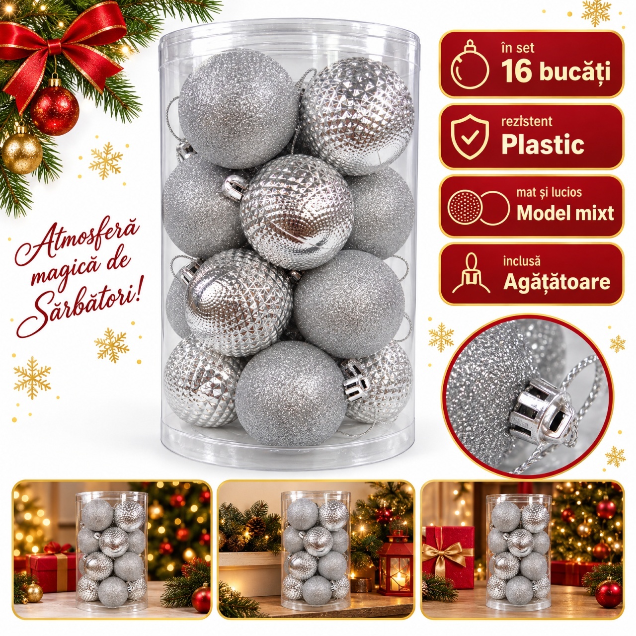 Set 16 globuri de Crăciun argintii, plastic rezistent, model mixt mat și lucios, 6 cm