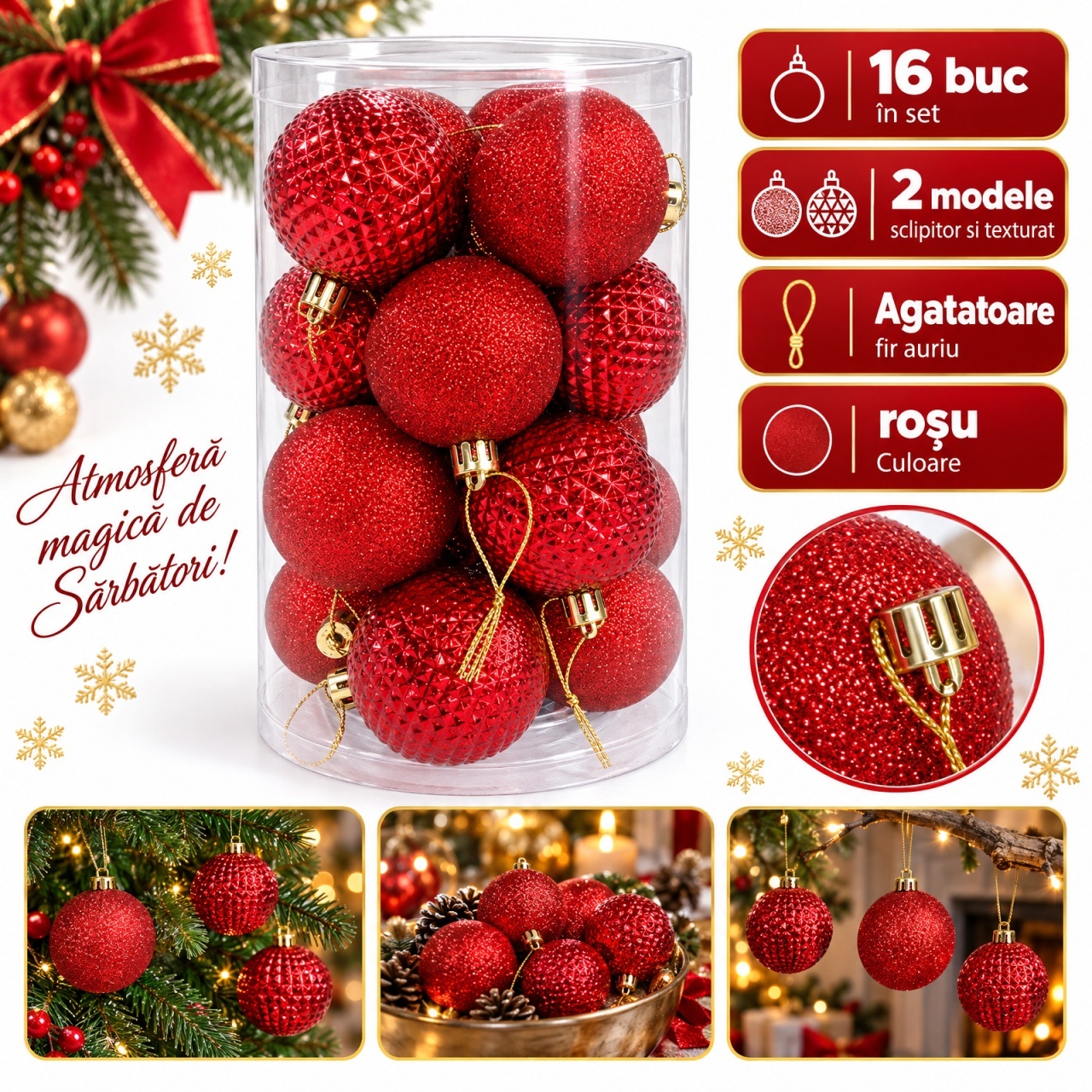 Set 16 globuri de Crăciun roșii, plastic, 2 modele, agățătoare aurie, tub 30x18 cm