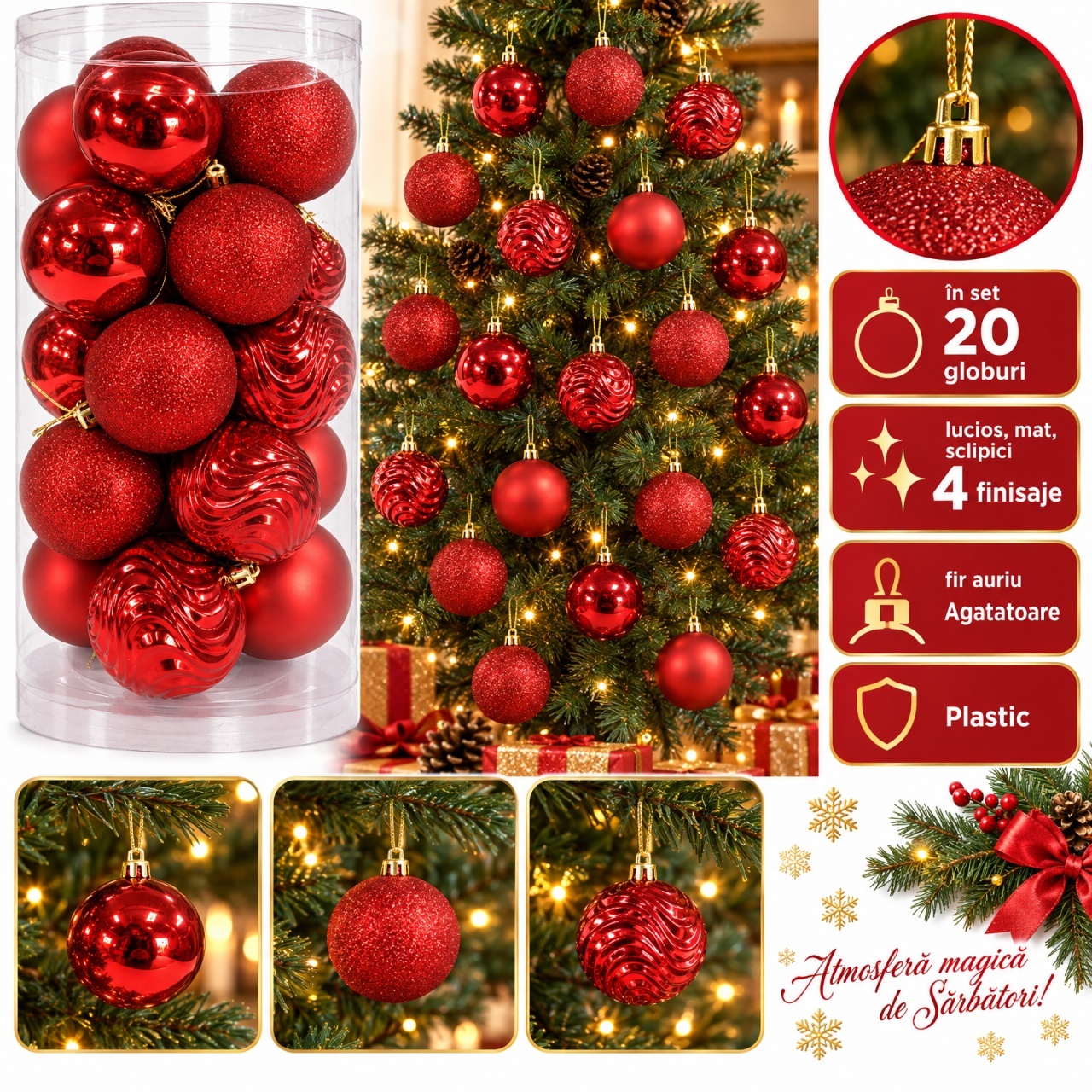 Set 20 globuri de Crăciun roșii, plastic, 4 finisaje, fir auriu, ambalaj 41x17 cm