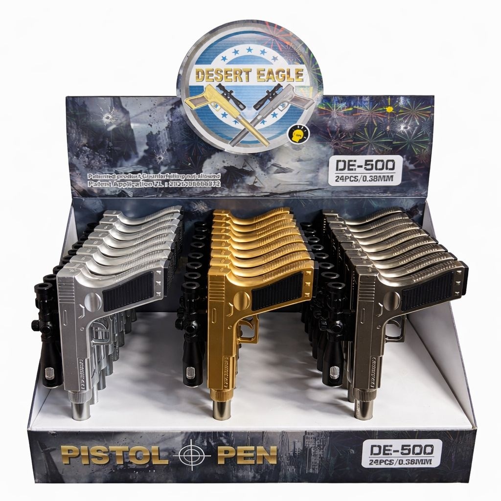 Set 24 pixuri cu pastă model pistol cu lunetă, design metalic decorativ, cu lumina led 2