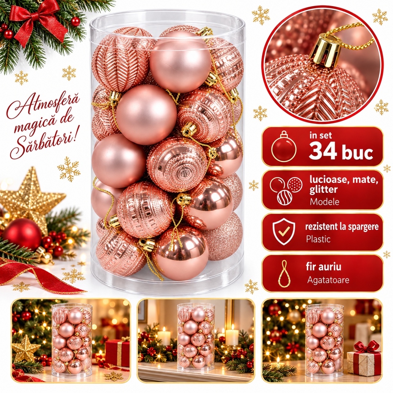 Set 34 globuri de Craciun rose-gold, modele variate, plastic, cu agatatoare