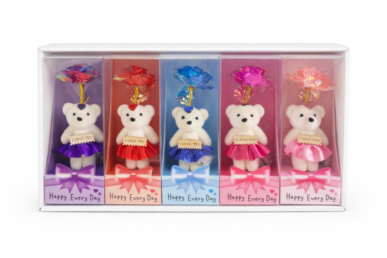 Set 5 ursuleti cu floare artificiala LED si baterii incluse, Happy Every Day, 25 x 9.5 cm 2