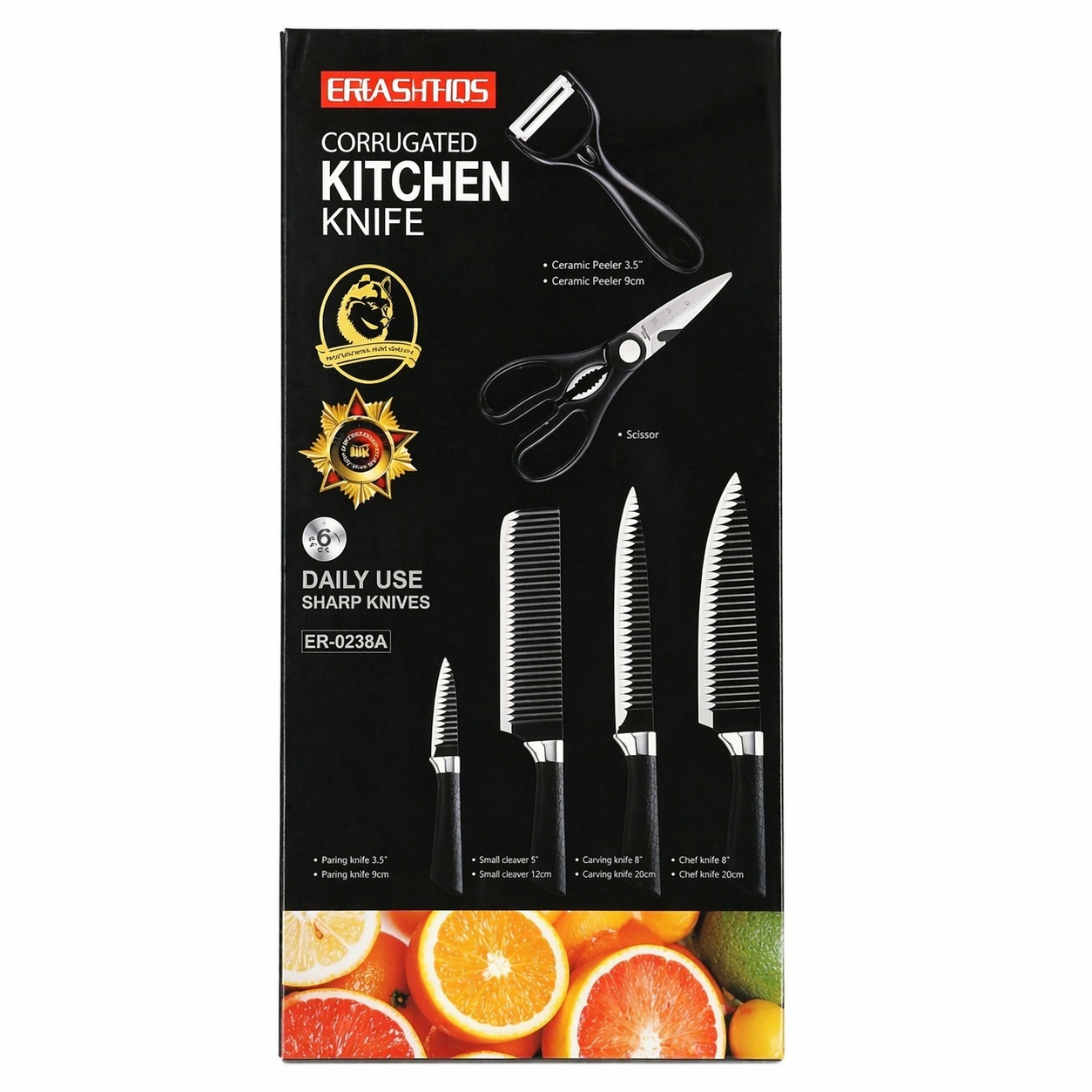 Set cutite bucatarie 6 piese cu foarfeca si curatator, 28x9 cm 2