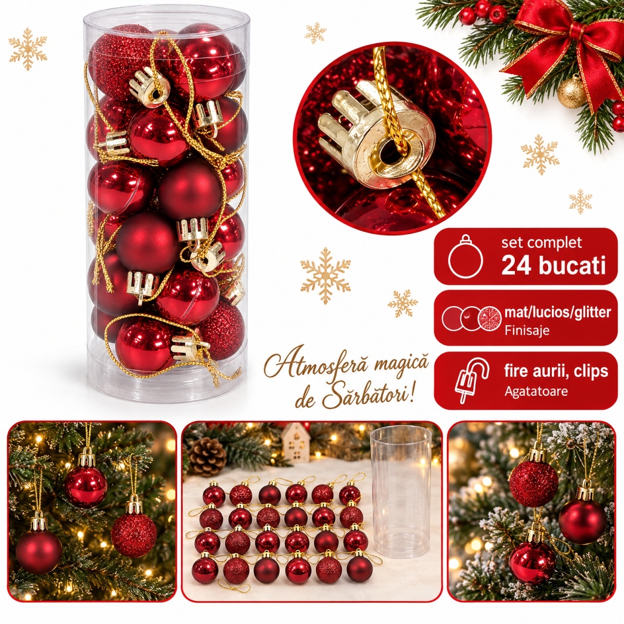 Set de 24 globuri de brad, bordo, din plastic, modele diverse, 20 × 7,5 cm
