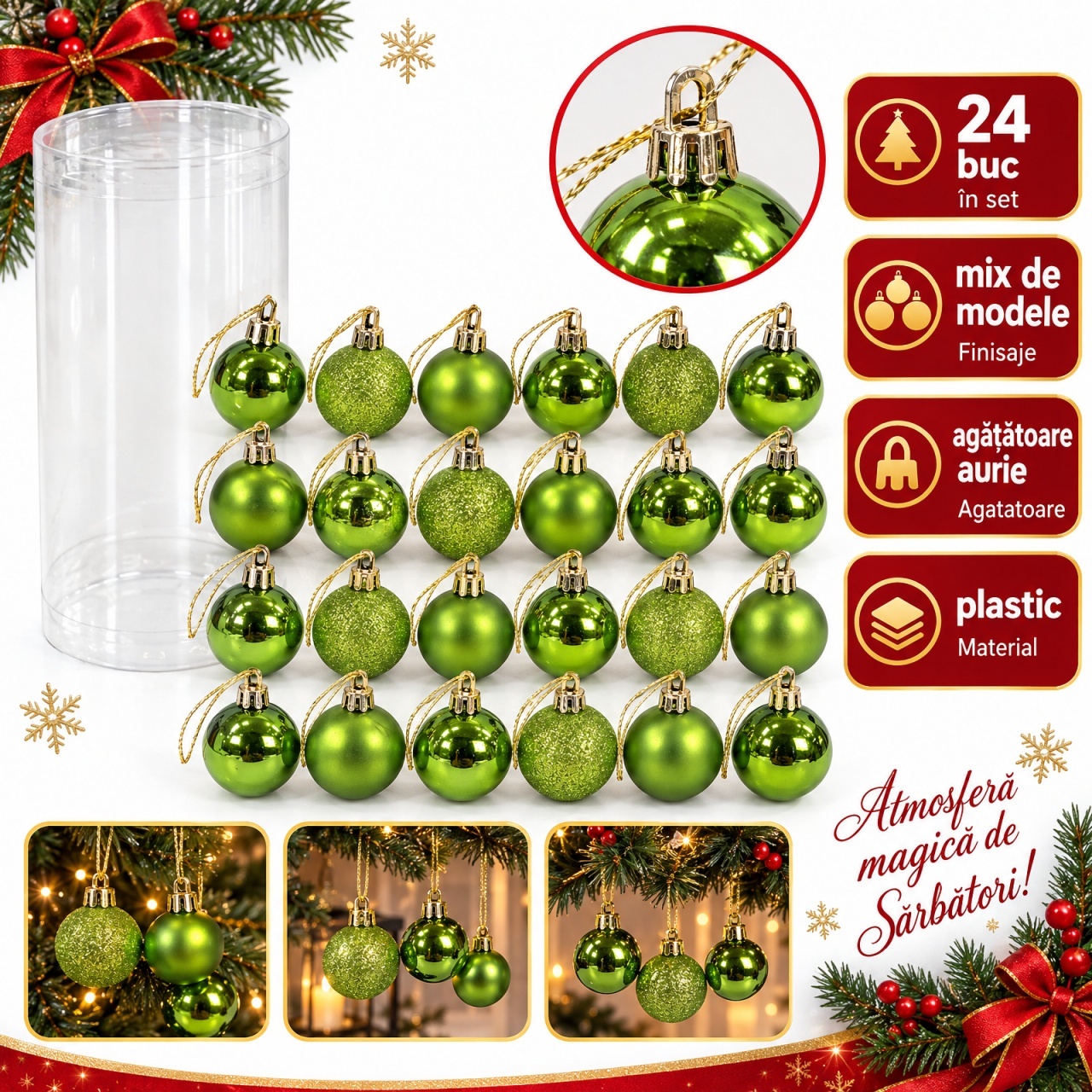 Set de 24 globuri de brad, verzi, din plastic, modele diverse, 20 × 7,5 cm