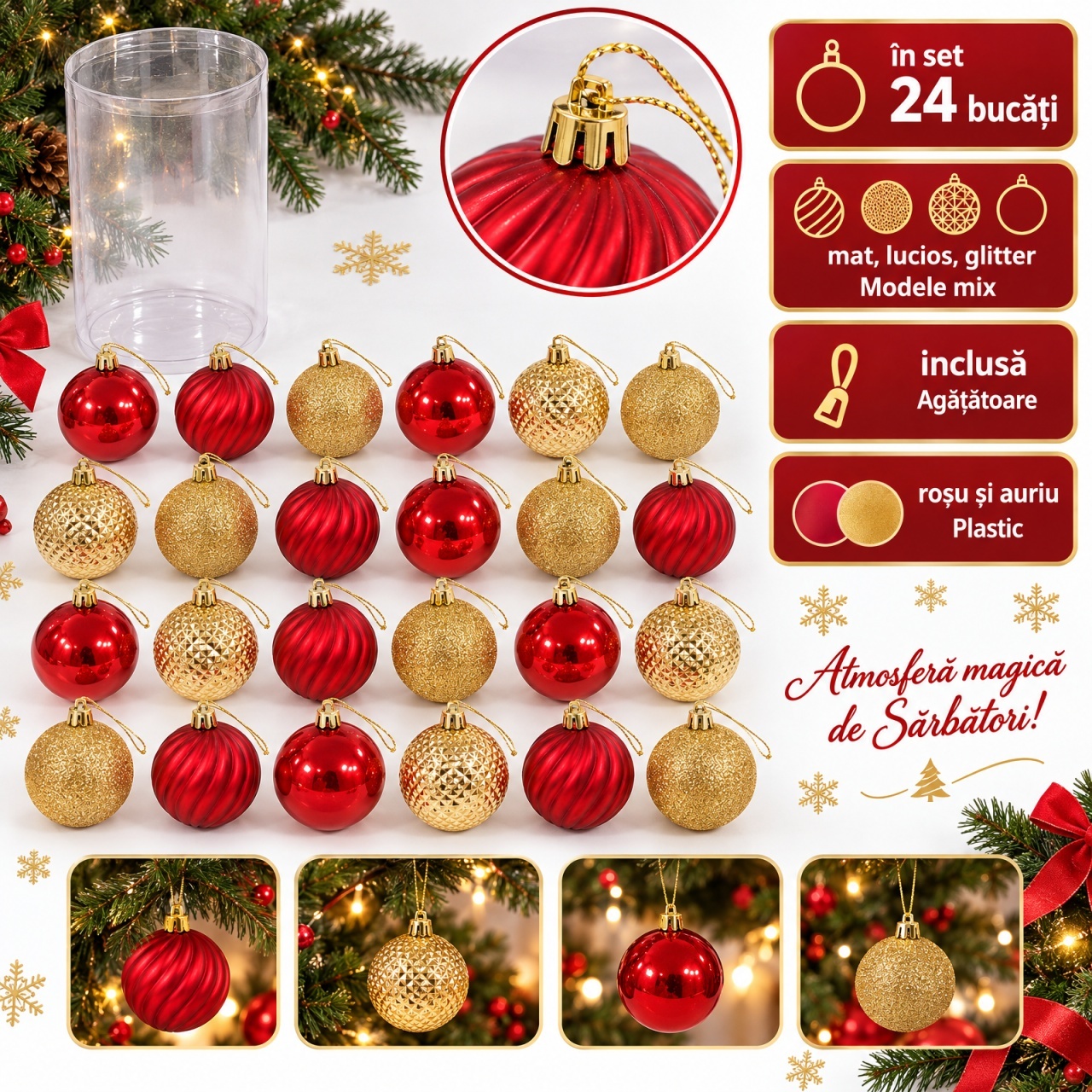 Set de 24 globuri de Crăciun, roșu-auriu, modele mixte, din plastic, 44×14 cm
